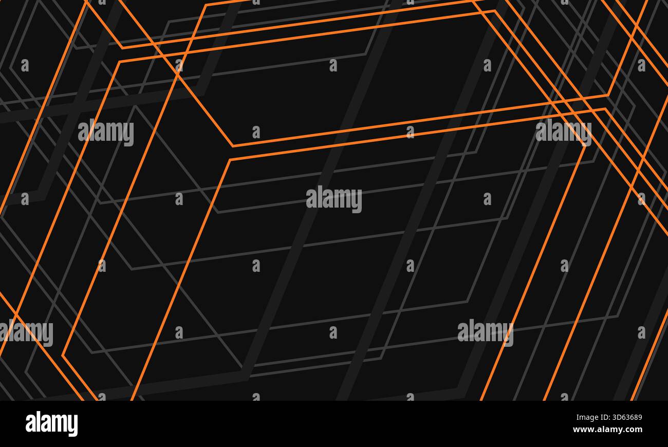 Black abstract modern background with gray and orange geometric lines ...