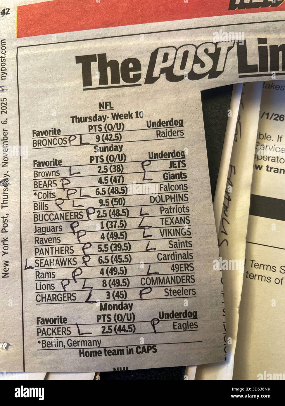 Close-up of a private husband and wife NFL betting pool using the New York Post Posting, 2025, New York City, United States - Smartphone Captured Stock Image