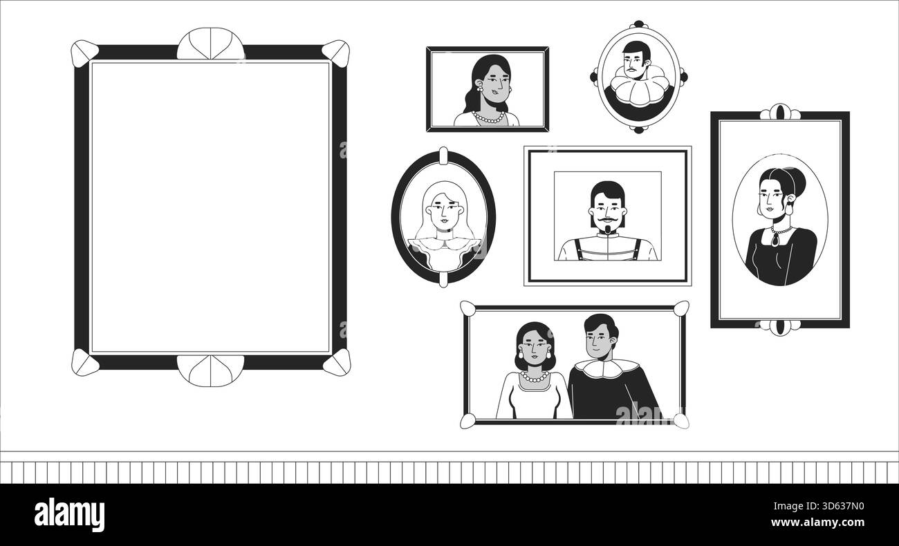 Wall gallery of framed portraits with empty frame line illustration ...
