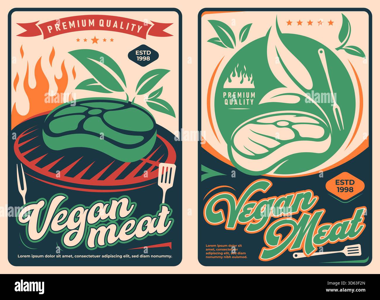 Vintage vegan meat vector posters, plant based meat steak with green ...
