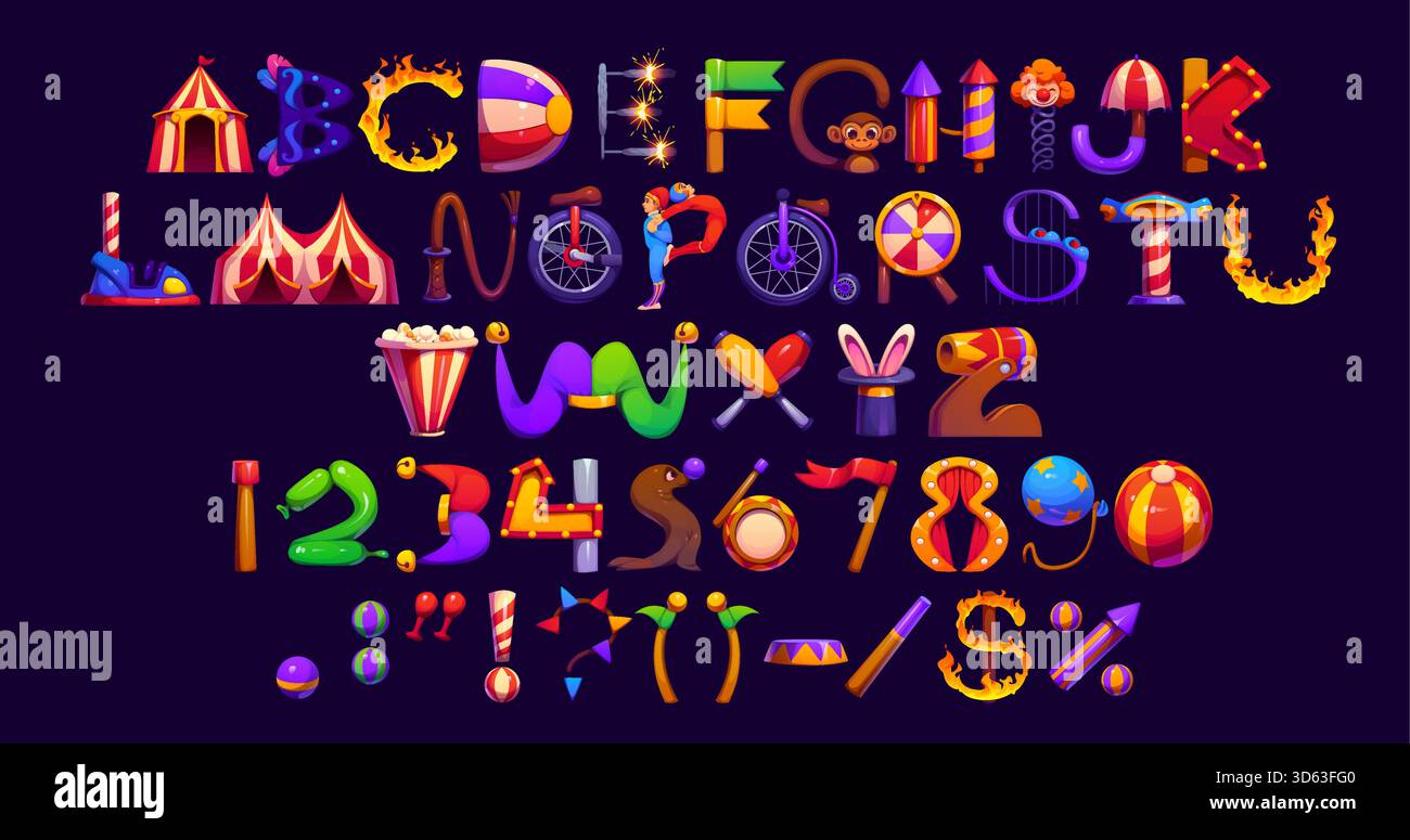 Cartoon circus font, retro carnival typeface, entertainment type, kids ...