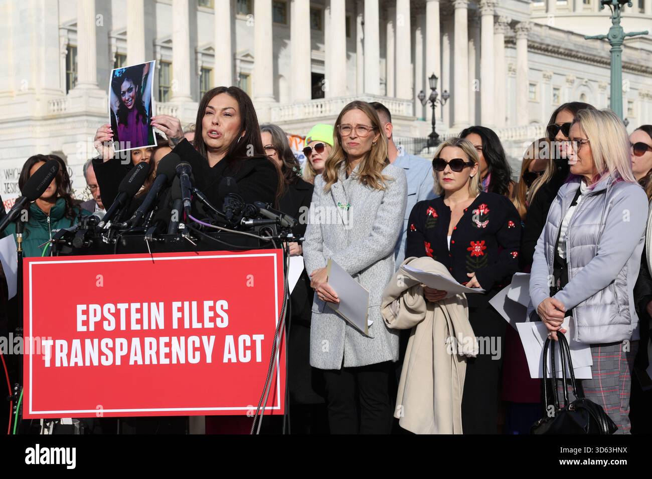 Haley Robson, left, victim of Jeffrey Epstein, speaks during a press ...