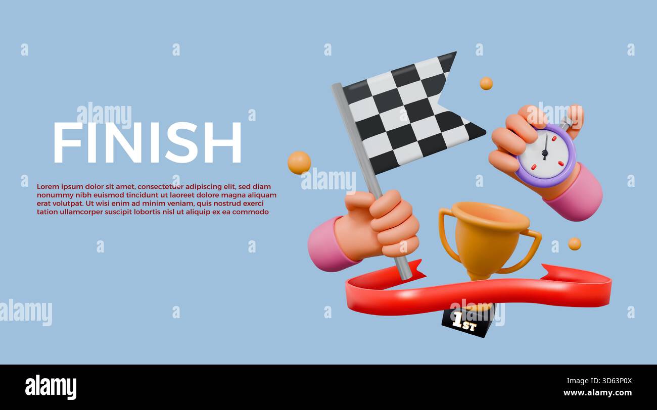3d run race. Rally banner. Checkered flag in hand. Finish goal on track. Render man arm with stopwatch. Competition record. Arrival to start time. Winner award goblet. Speed racing. Vector background Stock Vector