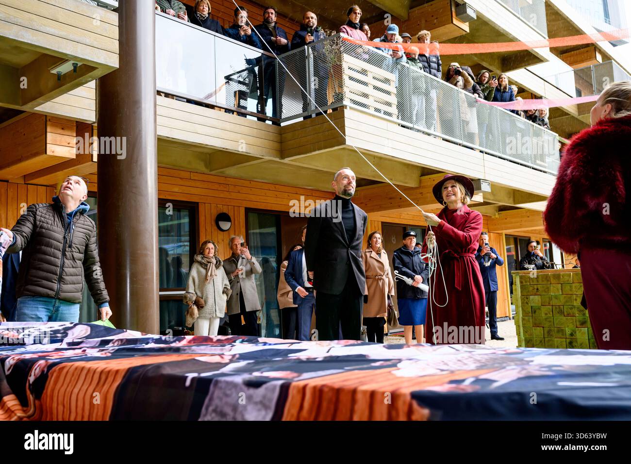 Queen Maxima at the opening of the circular wooden residential building ...