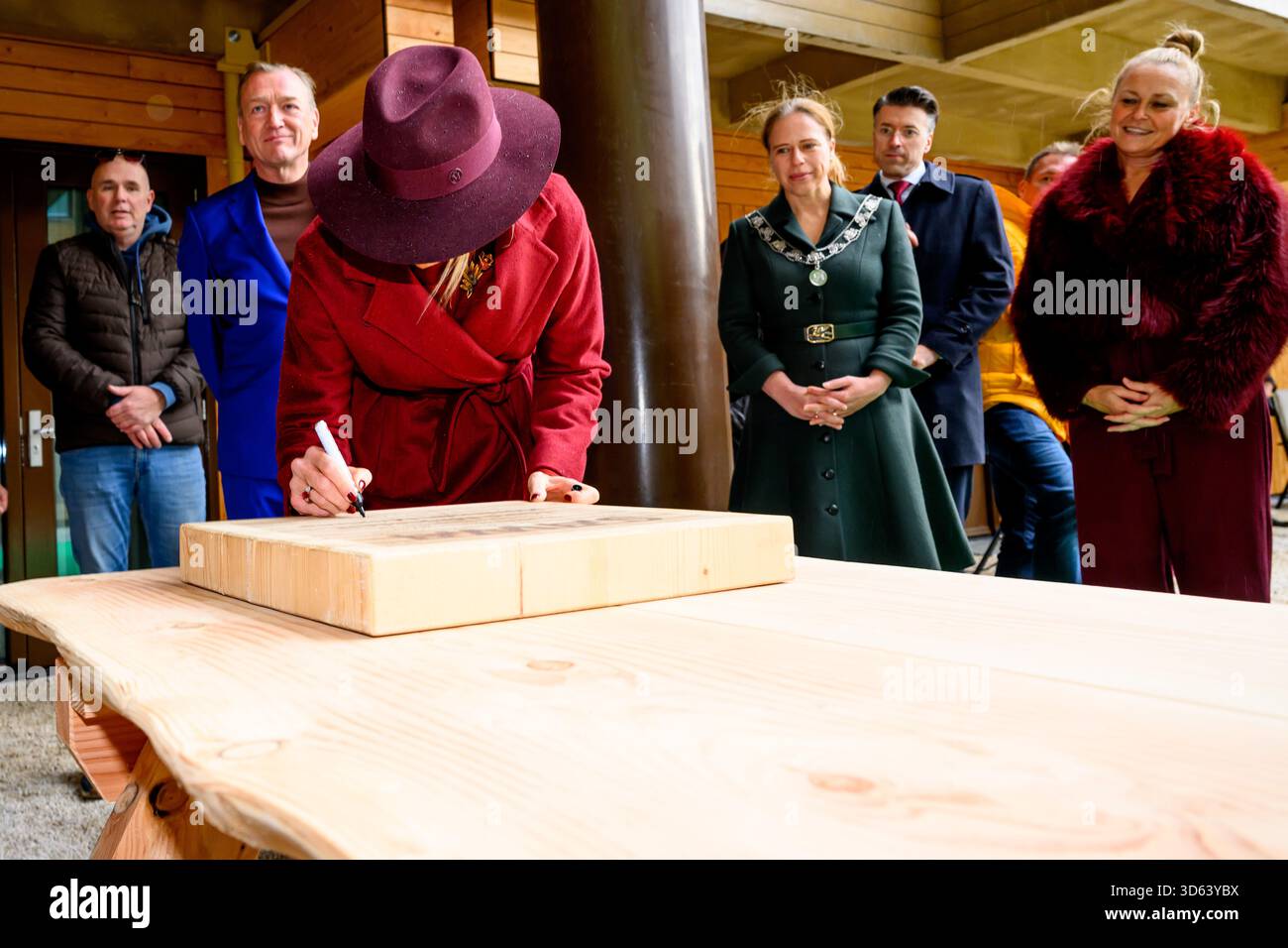 Queen Maxima at the opening of the circular wooden residential building ...
