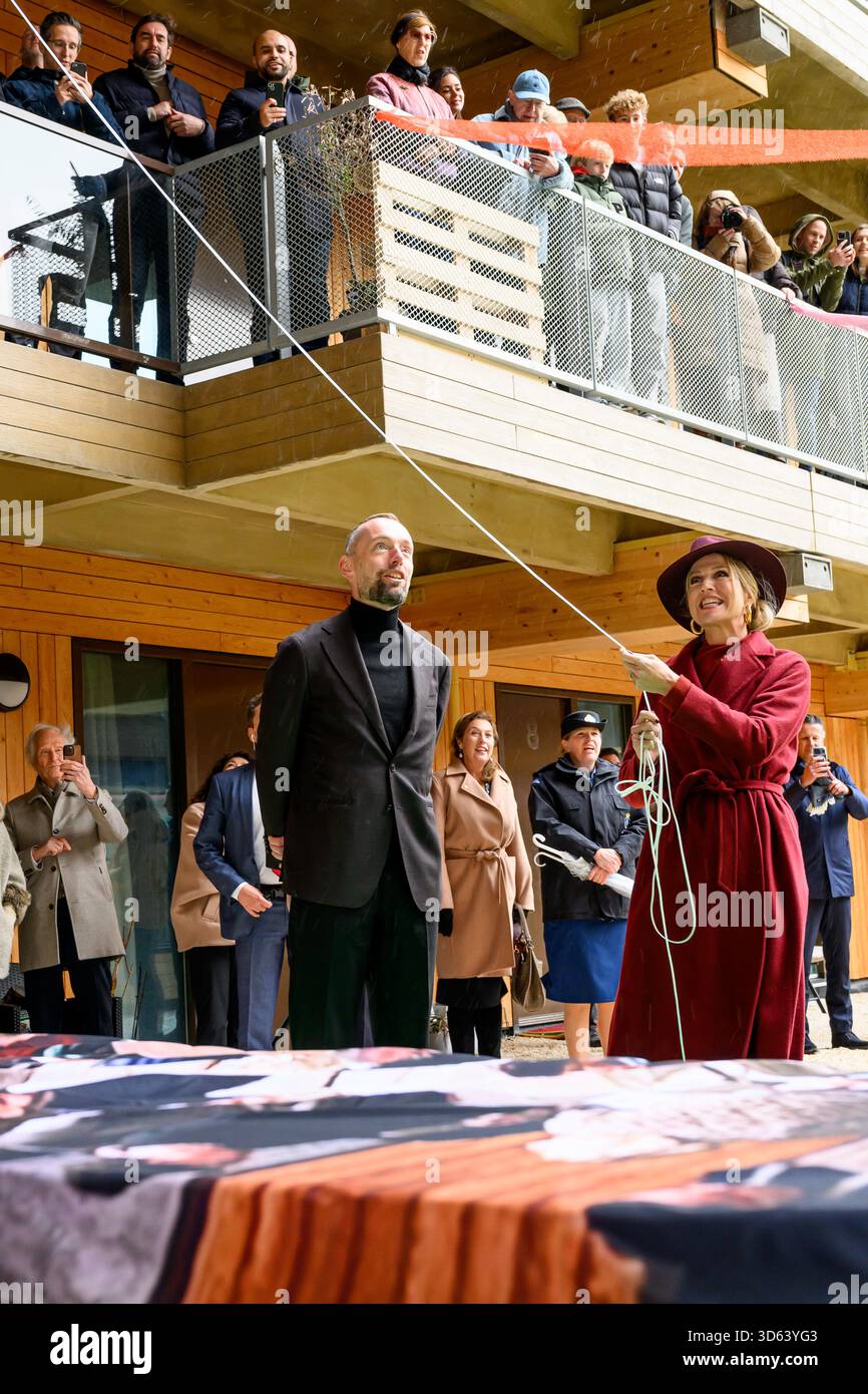 Queen Maxima at the opening of the circular wooden residential building ...