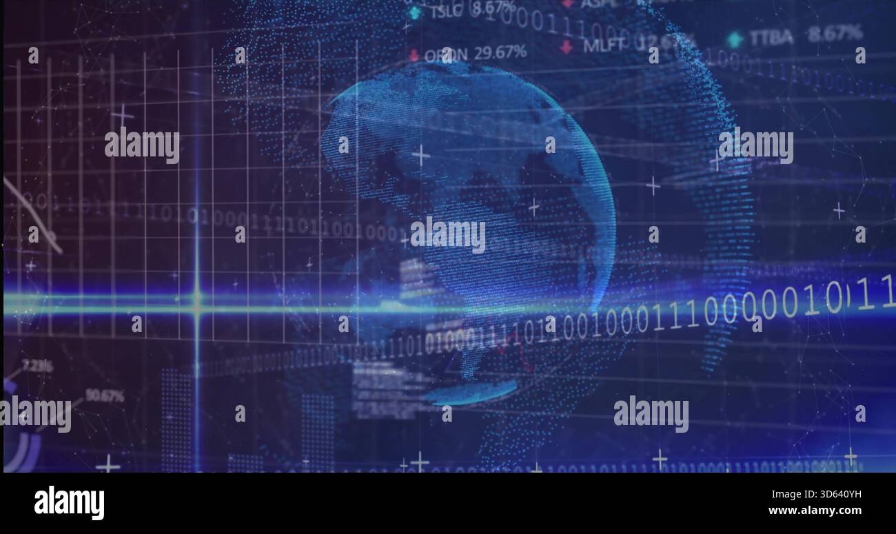 Rotating blue 3D point-cloud globe hovering over data dashboard with binary streams and HUD Stock Photo