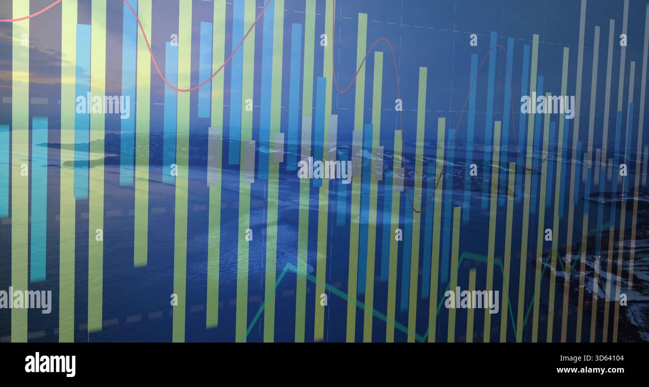 Displaying translucent vertical bar chart overlaying aerial coast, with ...