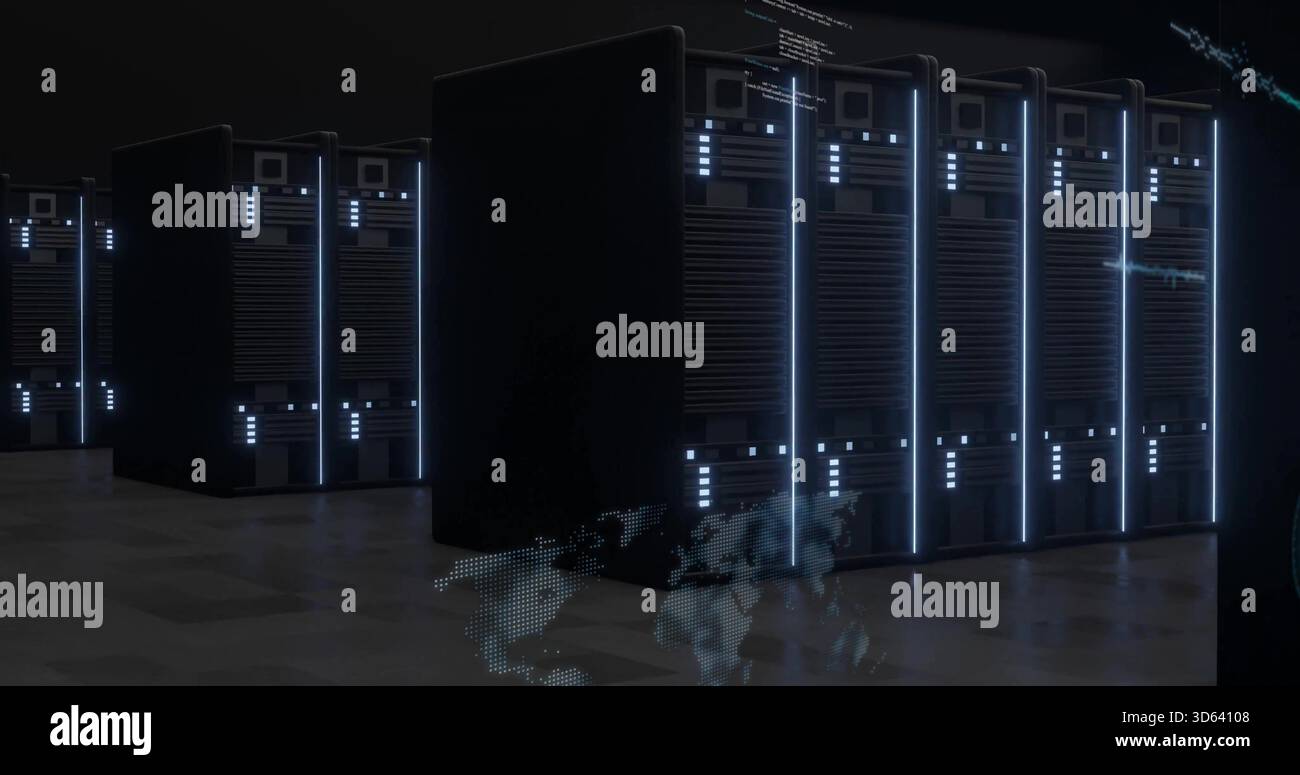 Glowing server racks showing vertical LEDs and status LEDs in data ...