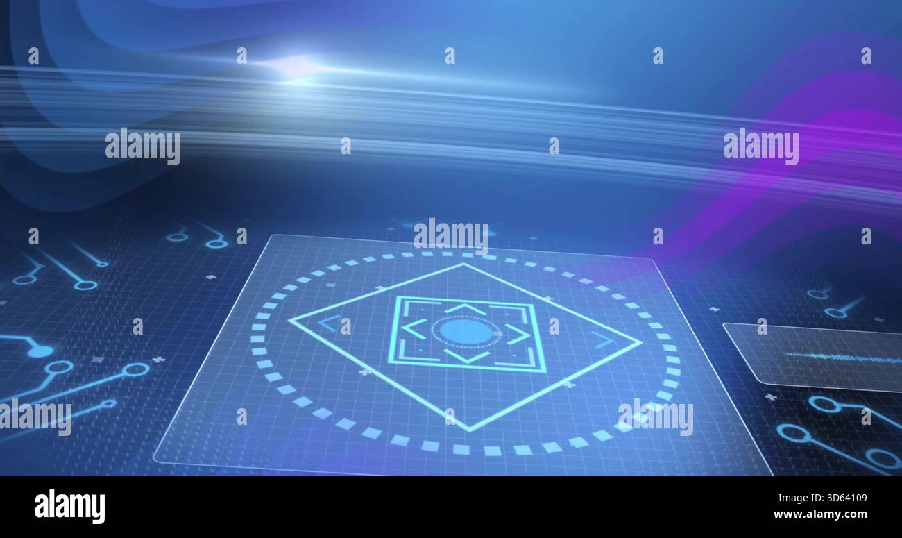 Displaying clear holo panel floating on grid plane, showing diamond target, dotted circular dial Stock Photo