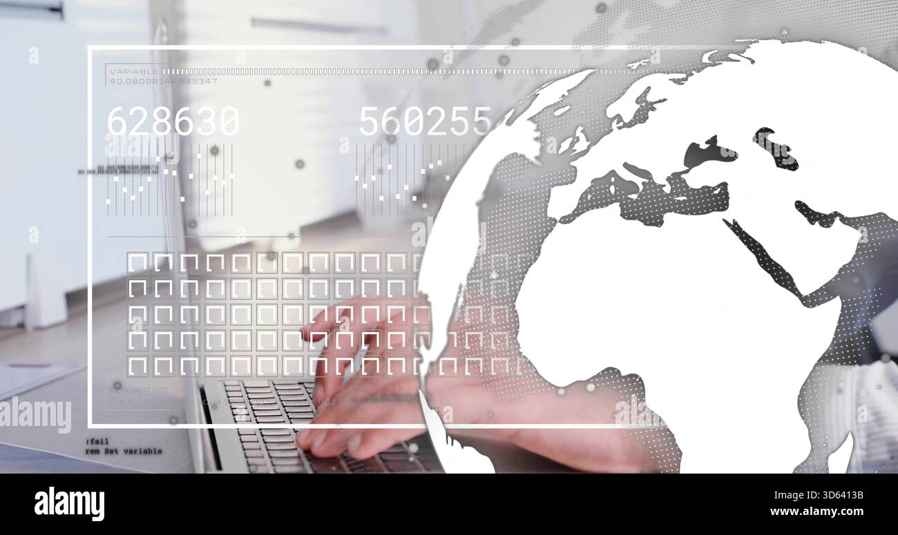 Typing hands wearing light shirt cuff pressing laptop keys at desk, showing globe HUD and readouts Stock Photo