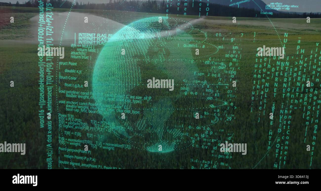 Hovering teal hologram globe projecting wire grids, coordinate markers and code columns over meadow Stock Photo