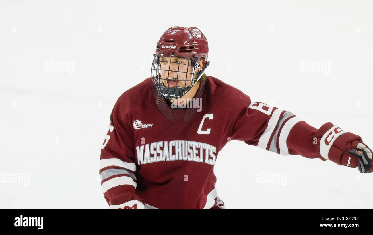 Massachusetts defenseman Lucas Olvestad (6) reacts during the first ...
