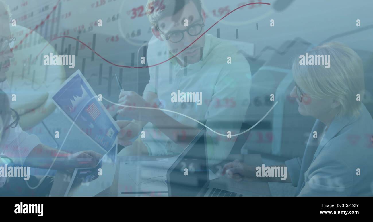 Presenting center man in button shirt explaining charts at conference ...