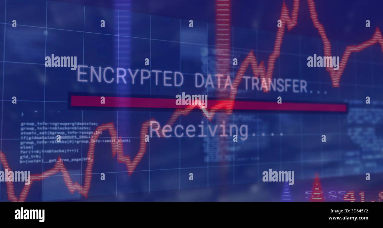Displaying central progress showing ENCRYPTED DATA TRANSFER receiving on screen with red bar wave Stock Photo