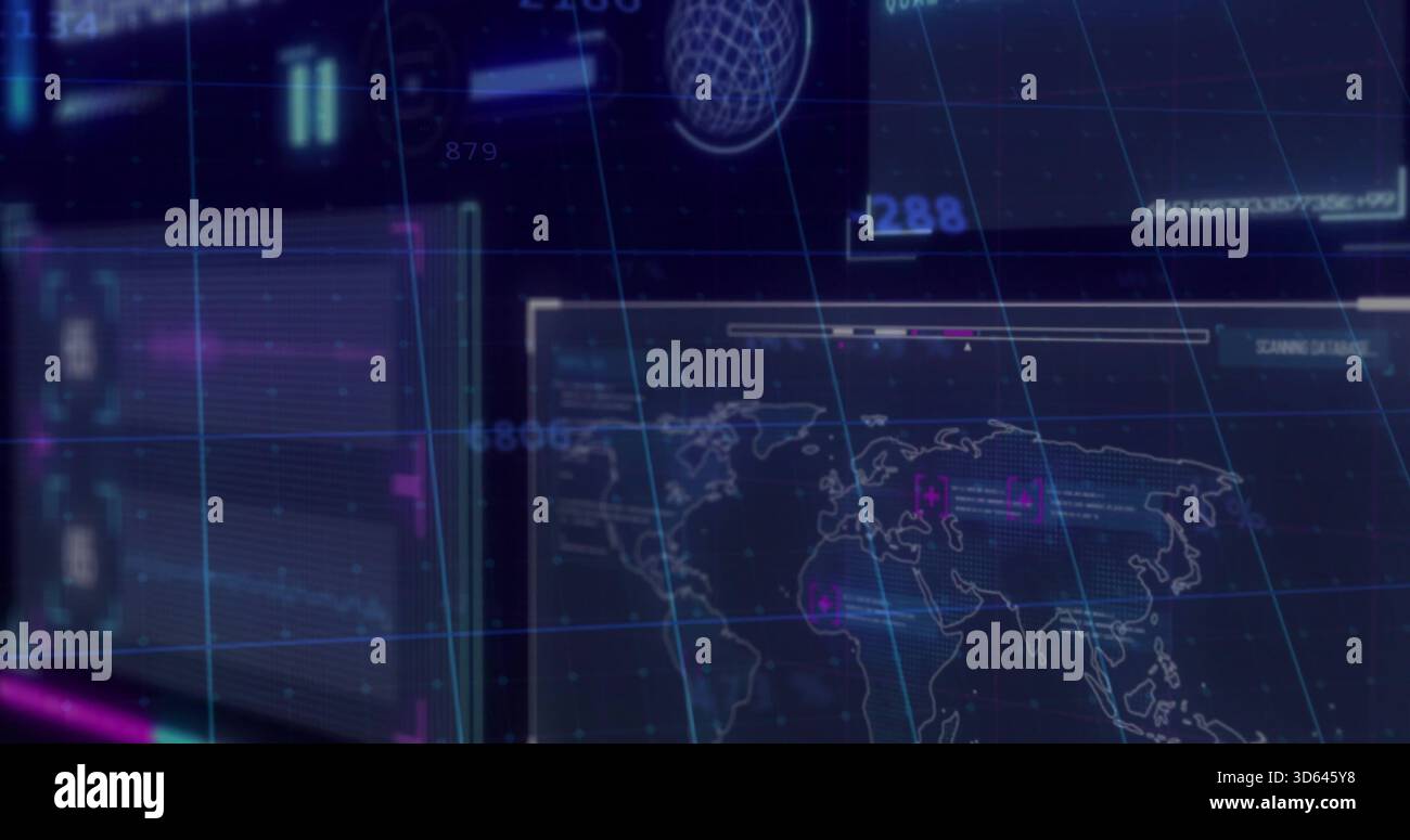 Displaying holographic world map panel in virtual control room, showing gridlines, wireframe globe Stock Photo