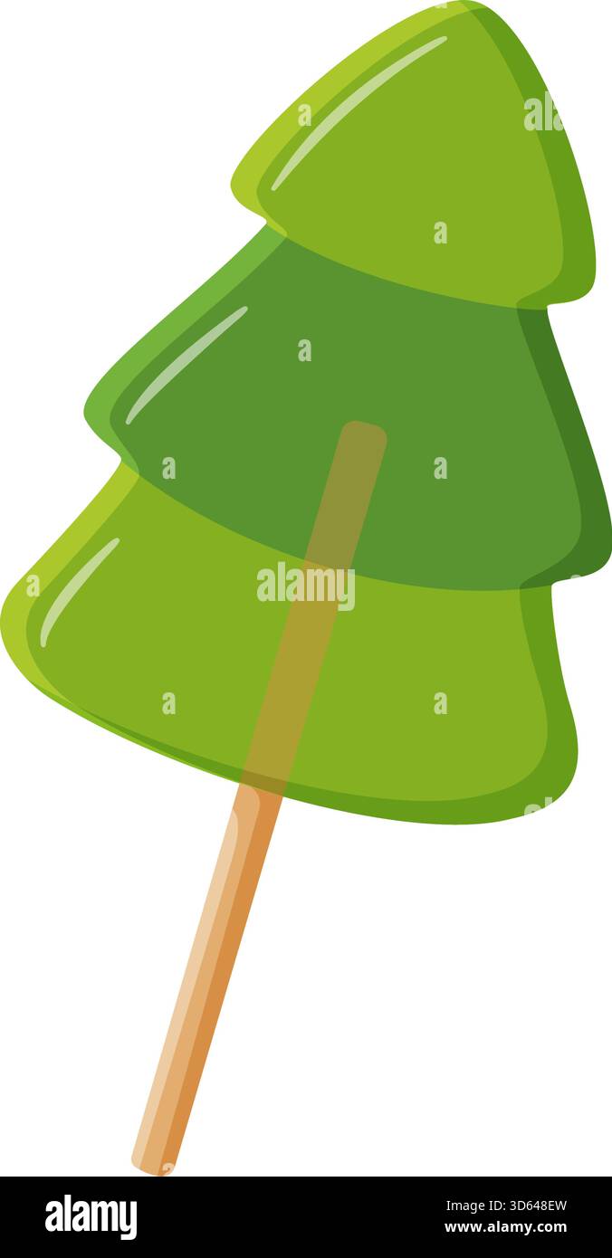 layered green conical lollipop Christmas tree, on stick, semi transparent candy. Colorful flat style vector illustration. Ideal for holiday treats, festive graphics, winter celebration theme, sticker Stock Vector