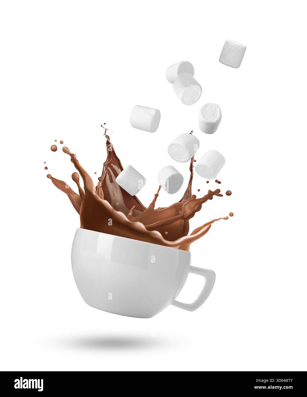 Fresh marshmallows falling into cup with hot cocoa on white background Stock Photo