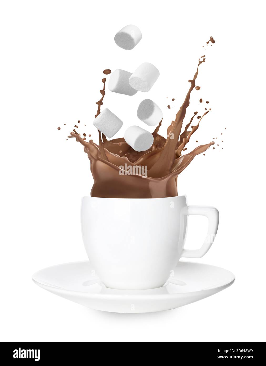 Fresh marshmallows falling into cup with hot cocoa on white background Stock Photo