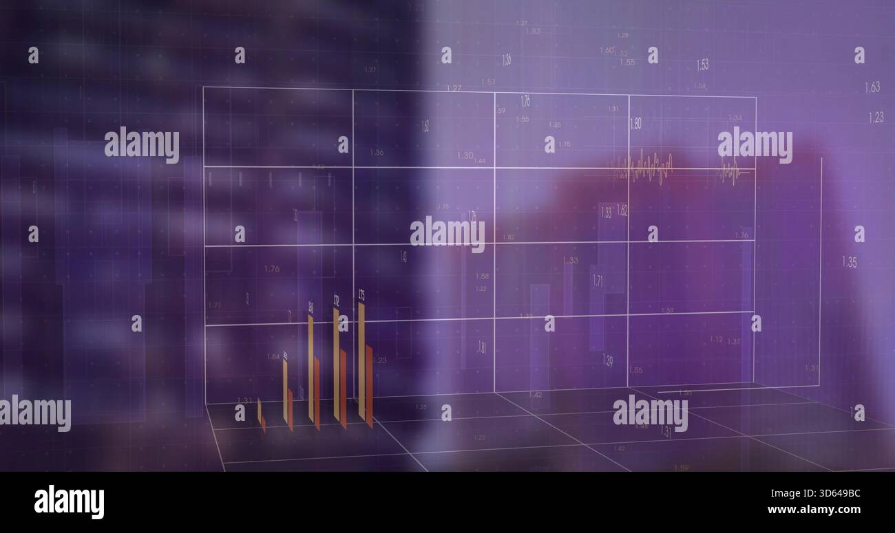 Projecting golden bars rising inside 3D grid box at left in office ...