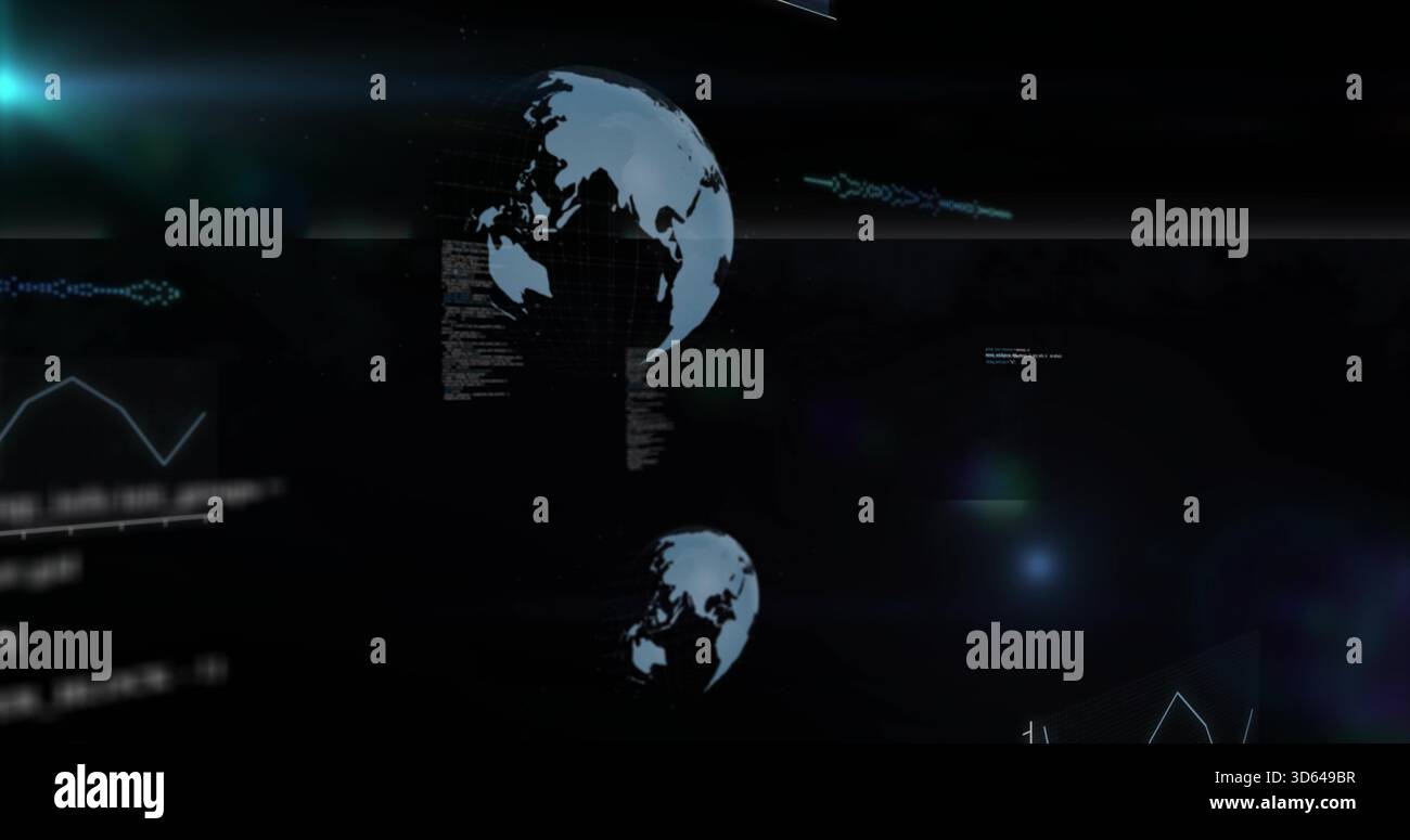 Hovering two stylized digital globes displaying code blocks and graphs on virtual dashboard, HUD Stock Photo
