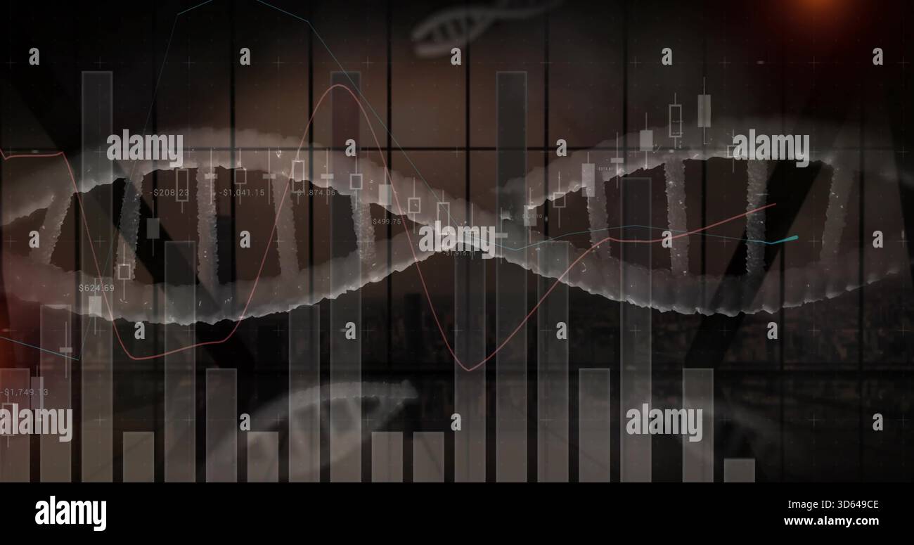 Displaying centered glowing DNA helix in studio, with financial charts overlaying and faint skyline Stock Photo