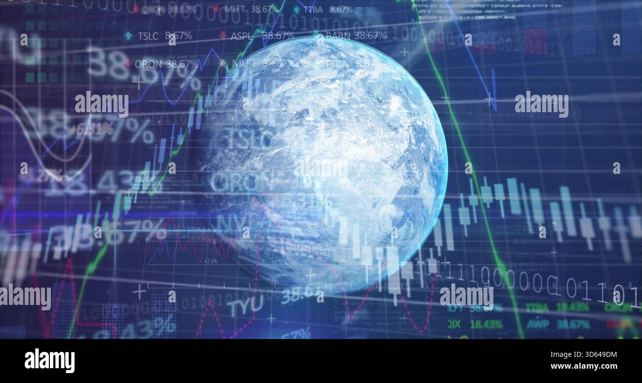 Displaying translucent globe hovering over finance grid, with candlesticks, lines, tickers Stock Photo