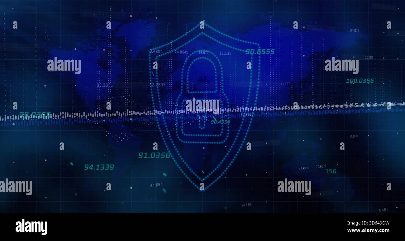 Displaying central dotted shield with padlock icon on virtual grid over world map, waveform overlay Stock Photo