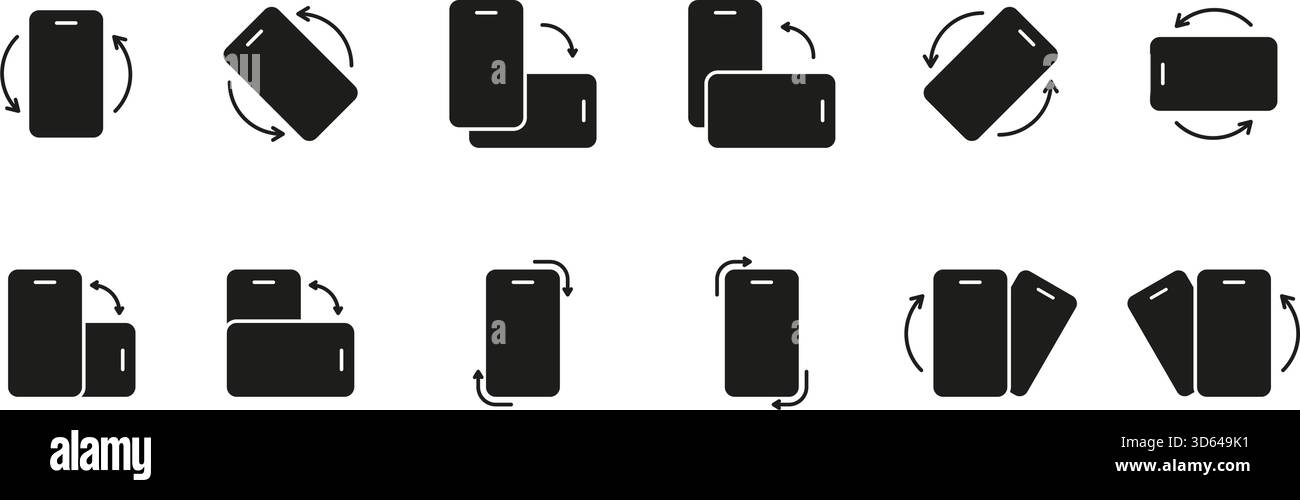 Mobile Device Screen Rotation Solid Icon Set. Smartphone Orientation Adjustment With Arrows Representing Motion, Usability and Interaction Silhouette Stock Vector