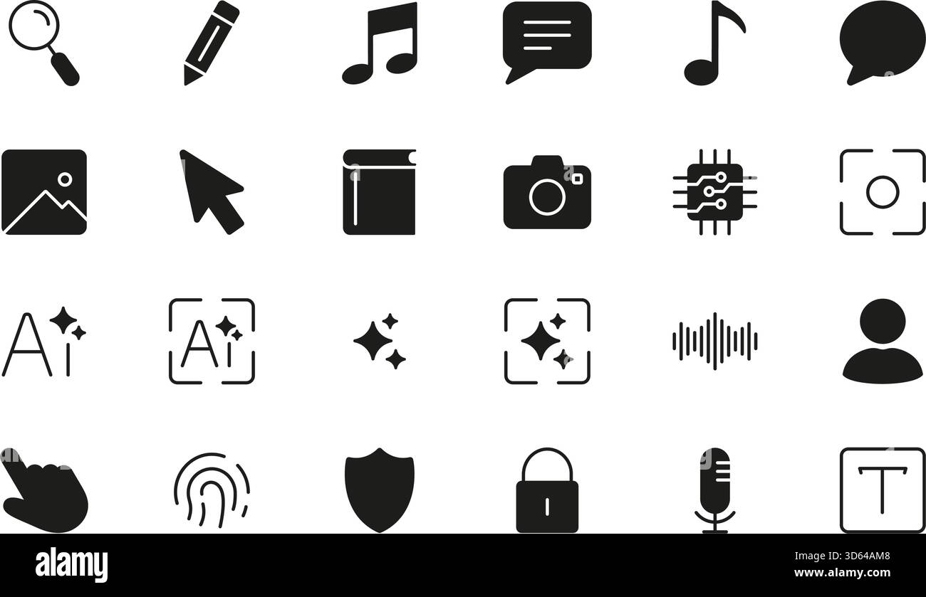 Multimedia And Digital Tools Solid Icon Set. Communication, Security, And Creative Design Silhouette Symbol Collection. Technology And User Interface Stock Vector
