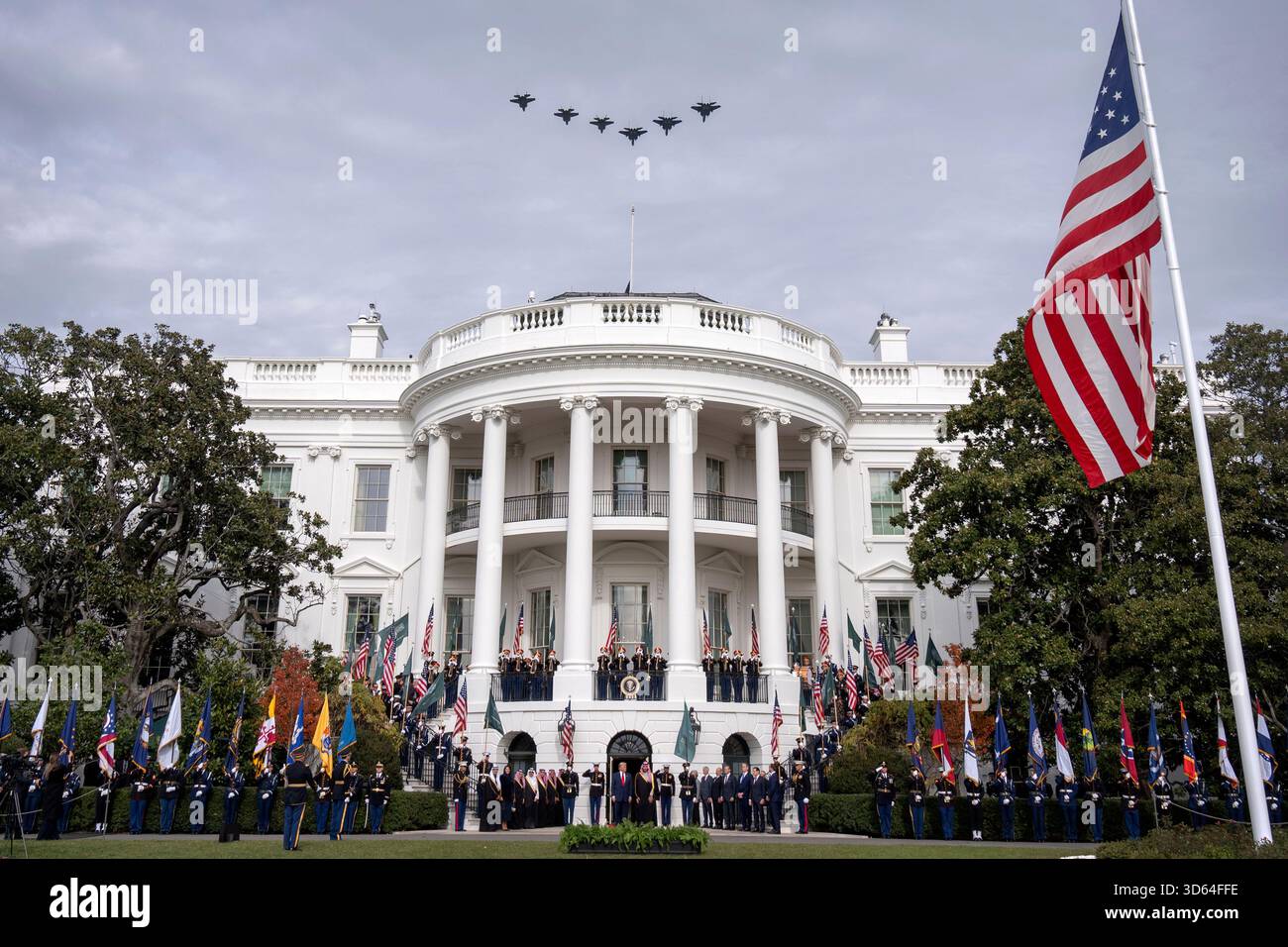 Military jets fly over the White House as President Donald Trump ...