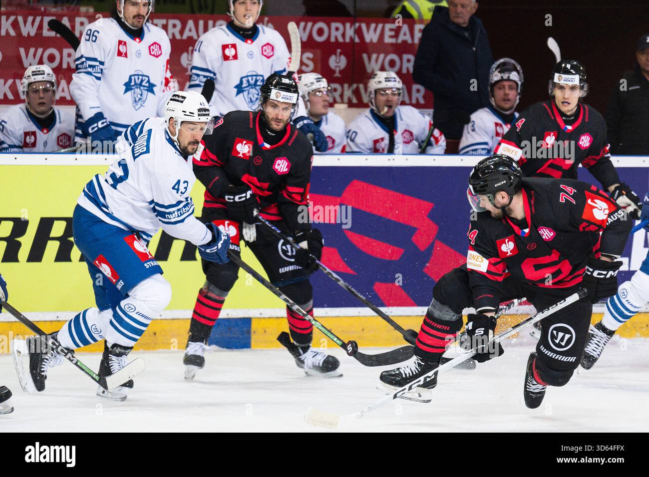 (L-R) Jan Kovar of Zug, Nino Tomov and Adam Raska of Sparta in action ...