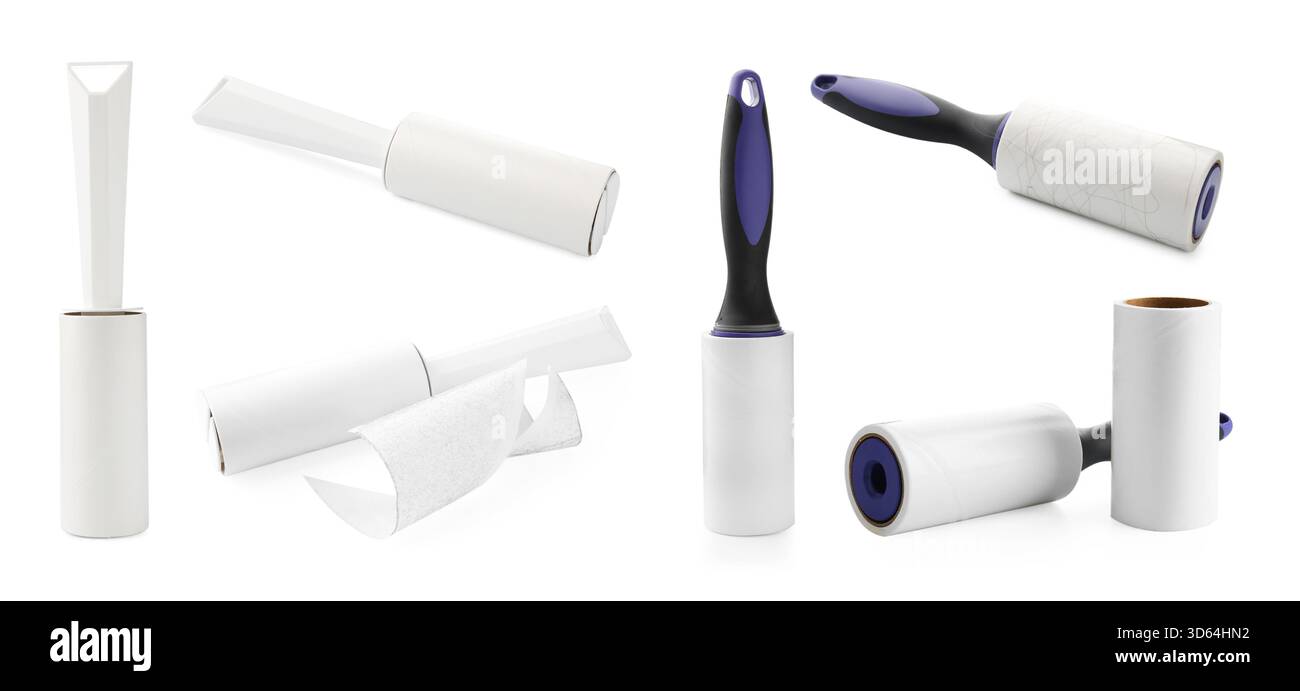 Lint rollers for cleaning clothes isolated on white, set Stock Photo