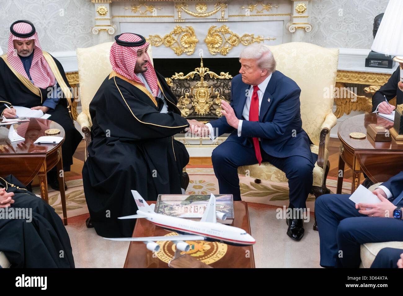 Washington, United States. 18th Nov, 2025. President Donald Trump and Saudi Arabia's Crown Prince Mohammed bin Salman hold a bi-lateral meeting in the Oval Office at the White House in Washington DC on Tuesday, November 18. 2025. The two leaders are expected to discuss defense, nuclear power, technology, and Israel during the visit. Photo by Nathan Howard/UPI Credit: UPI/Alamy Live News Stock Photo