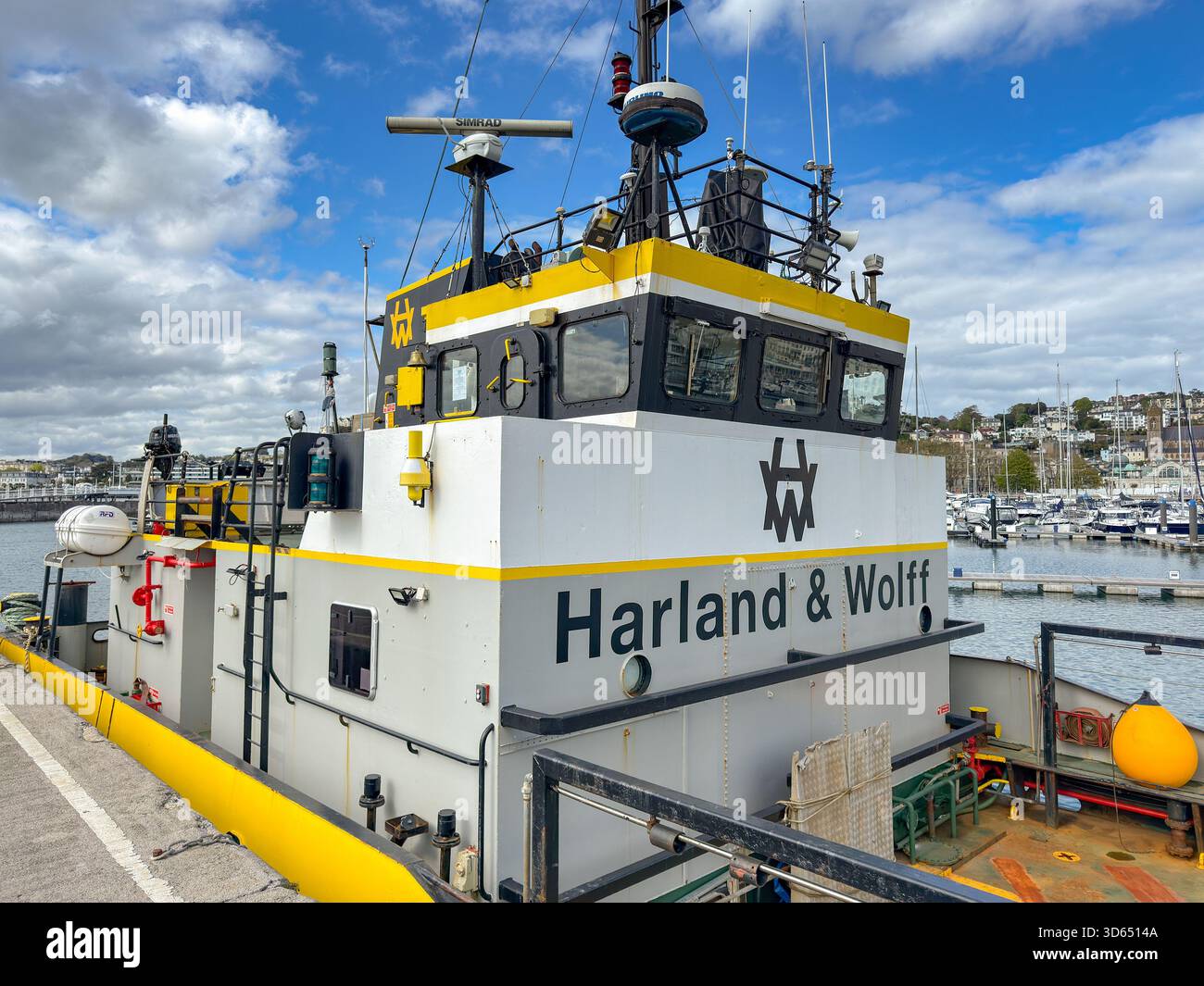 Torquay, Devon, England, UK - 23 April 2025: Bridge of an industrial boat owned by Harland and Wolff moored in the harbour in Torquay. - Smartphone Captured Stock Image