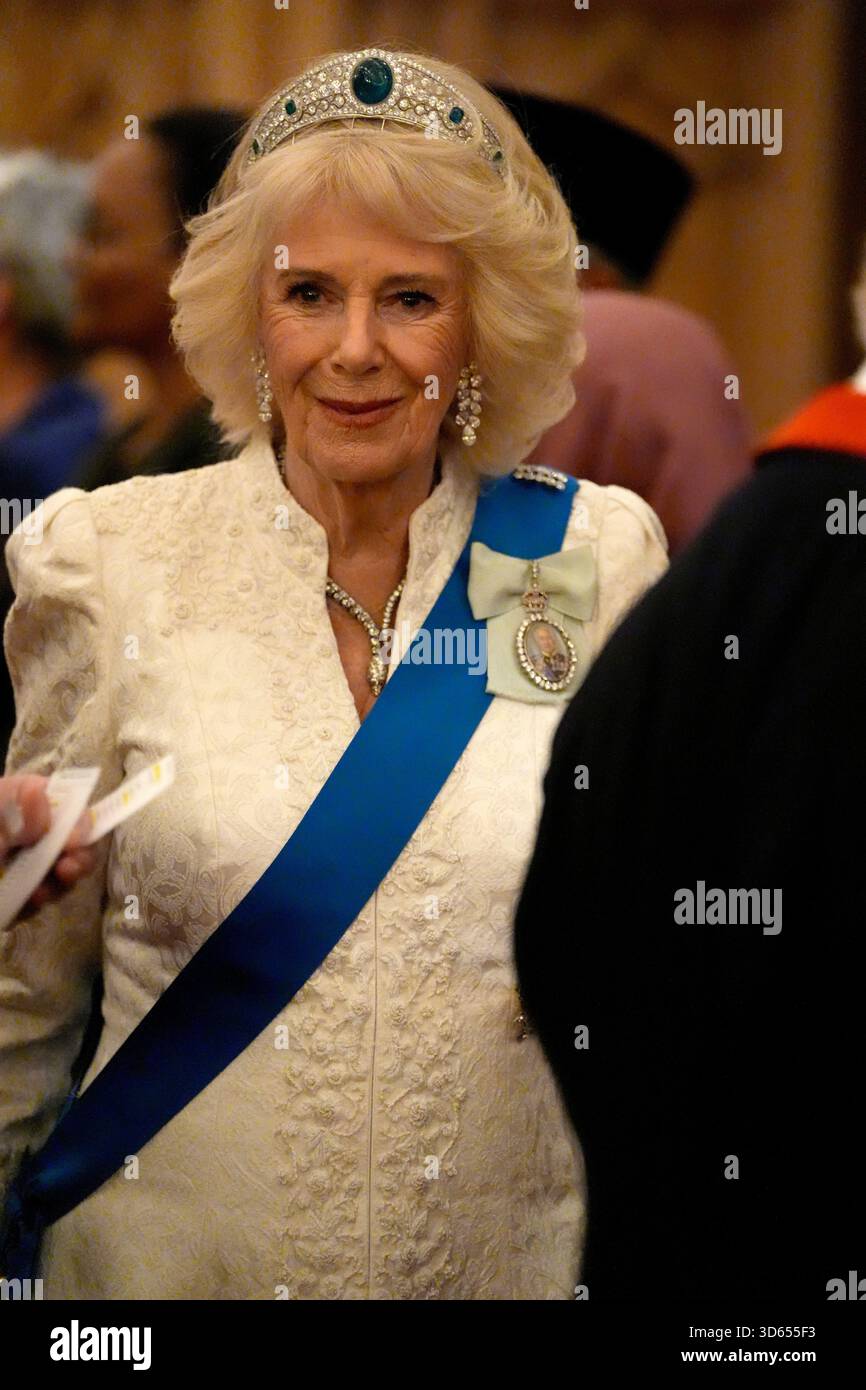 Queen Camilla wearing the Greville Emerald Kokoshnik tiara during