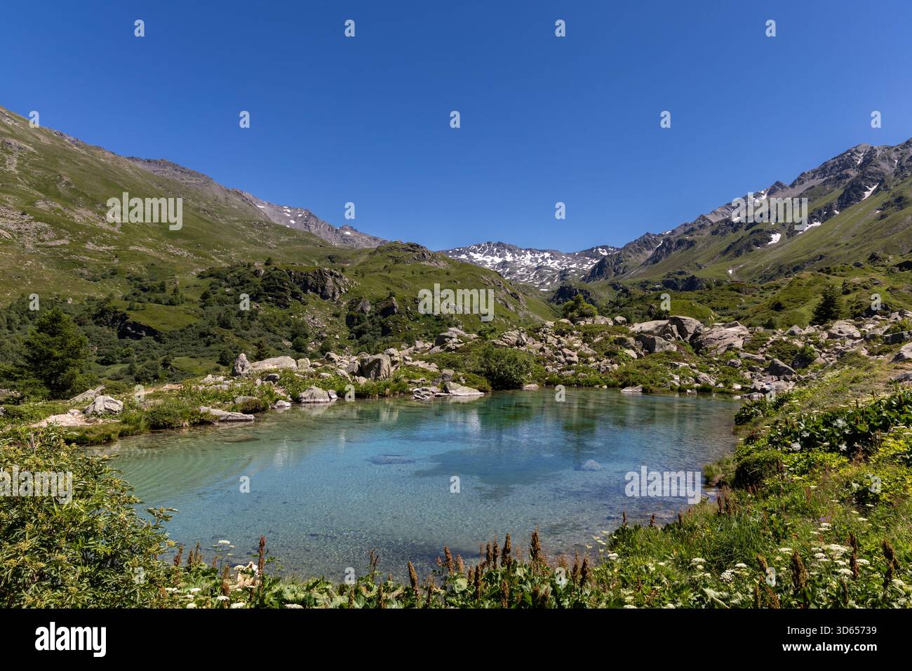 View on the Lac Vert located in Valmeinier in the Cerces massif, Hautes Alpes, France Stock Photo