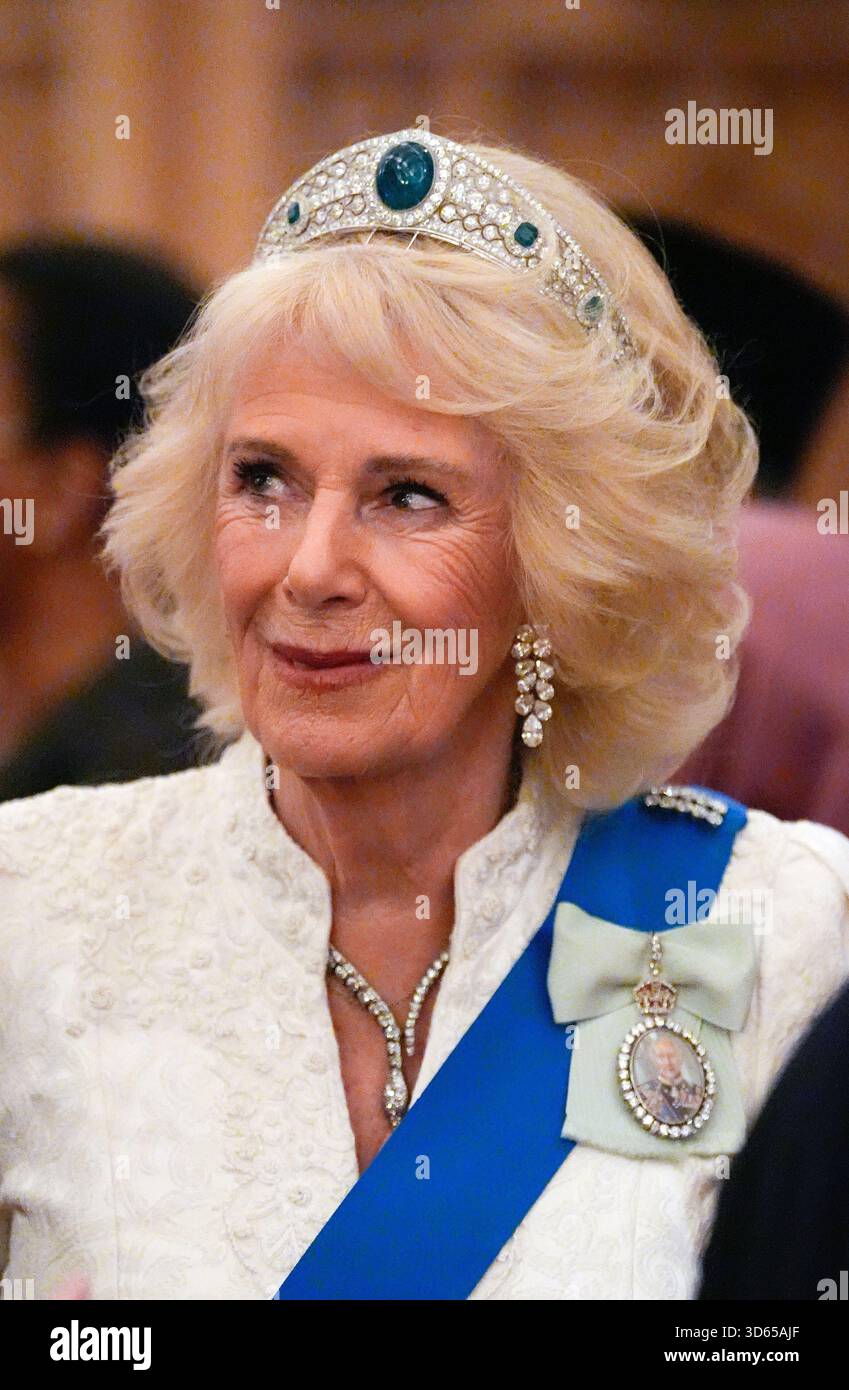 Queen Camilla wearing the Greville Emerald Kokoshnik tiara during