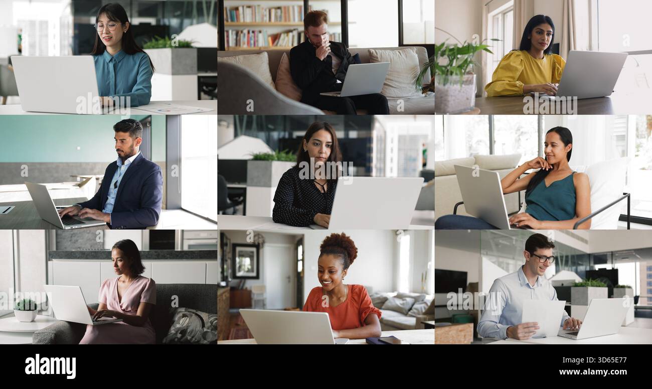 Diverse businesspeople working on-line using laptops, collage view Stock Photo