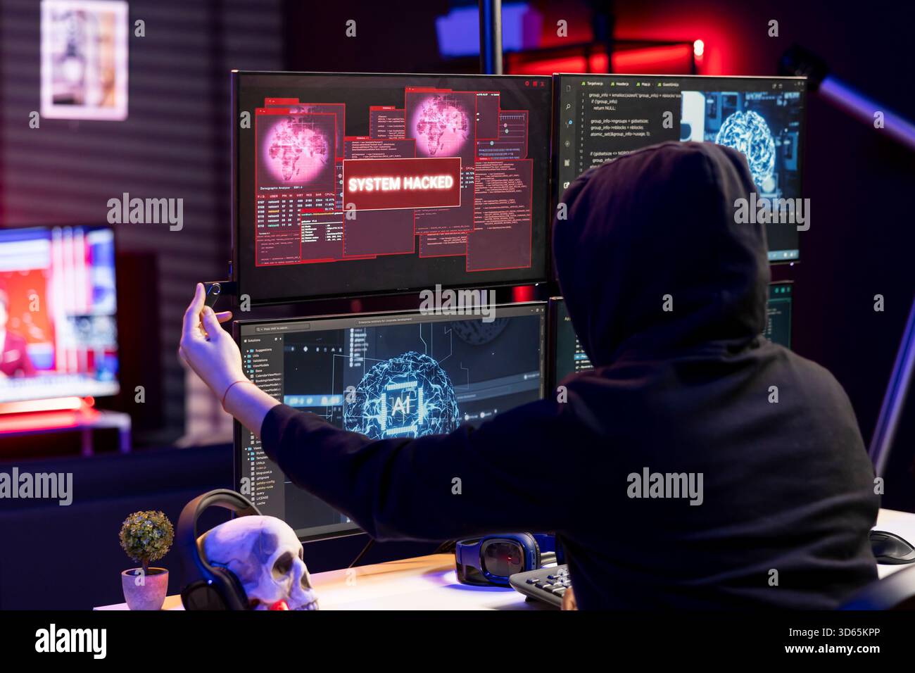 Hacker inserting flash drive in PC to bypass security using exploit, doing covert operations. Rogue technician penetrating firewalls using malware on USB stick, getting system hacked popup on display Stock Photo
