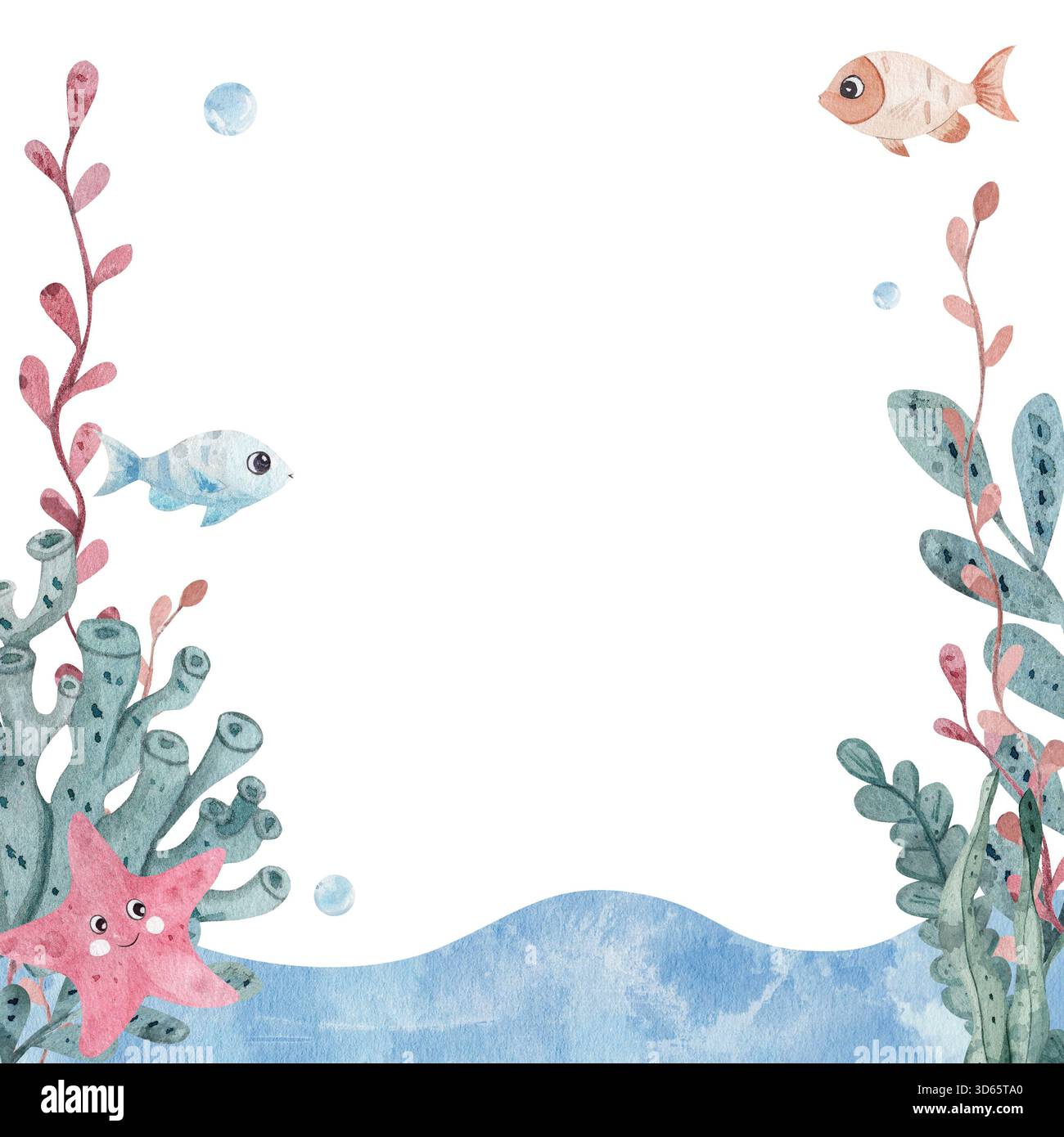 Watercolor underwater frame with seaweed, coral, starfish and cute fish ...