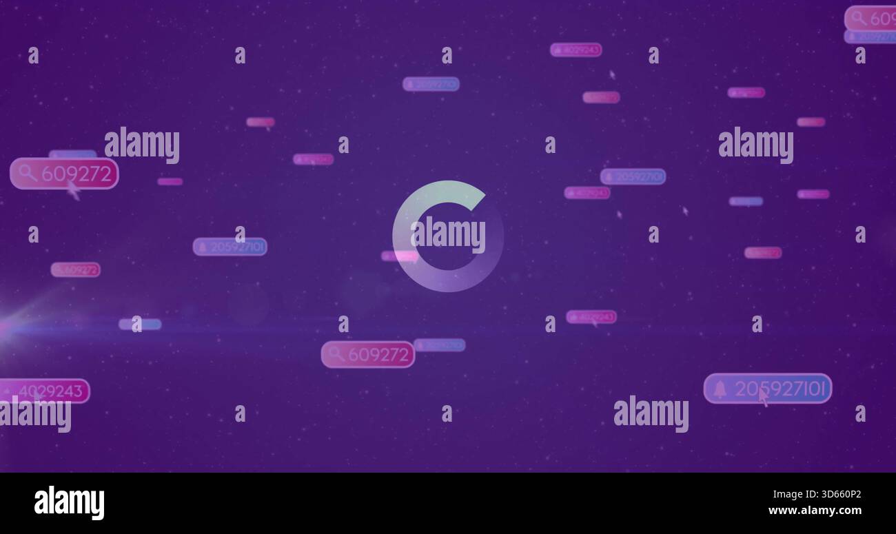 Displaying central circular loading spinner rotating in digital interface, with floating data tags Stock Photo
