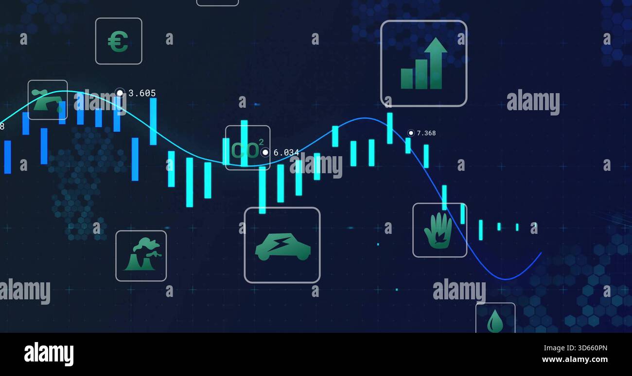Displaying centered cyan candlesticks and glowing trend line on digital ...