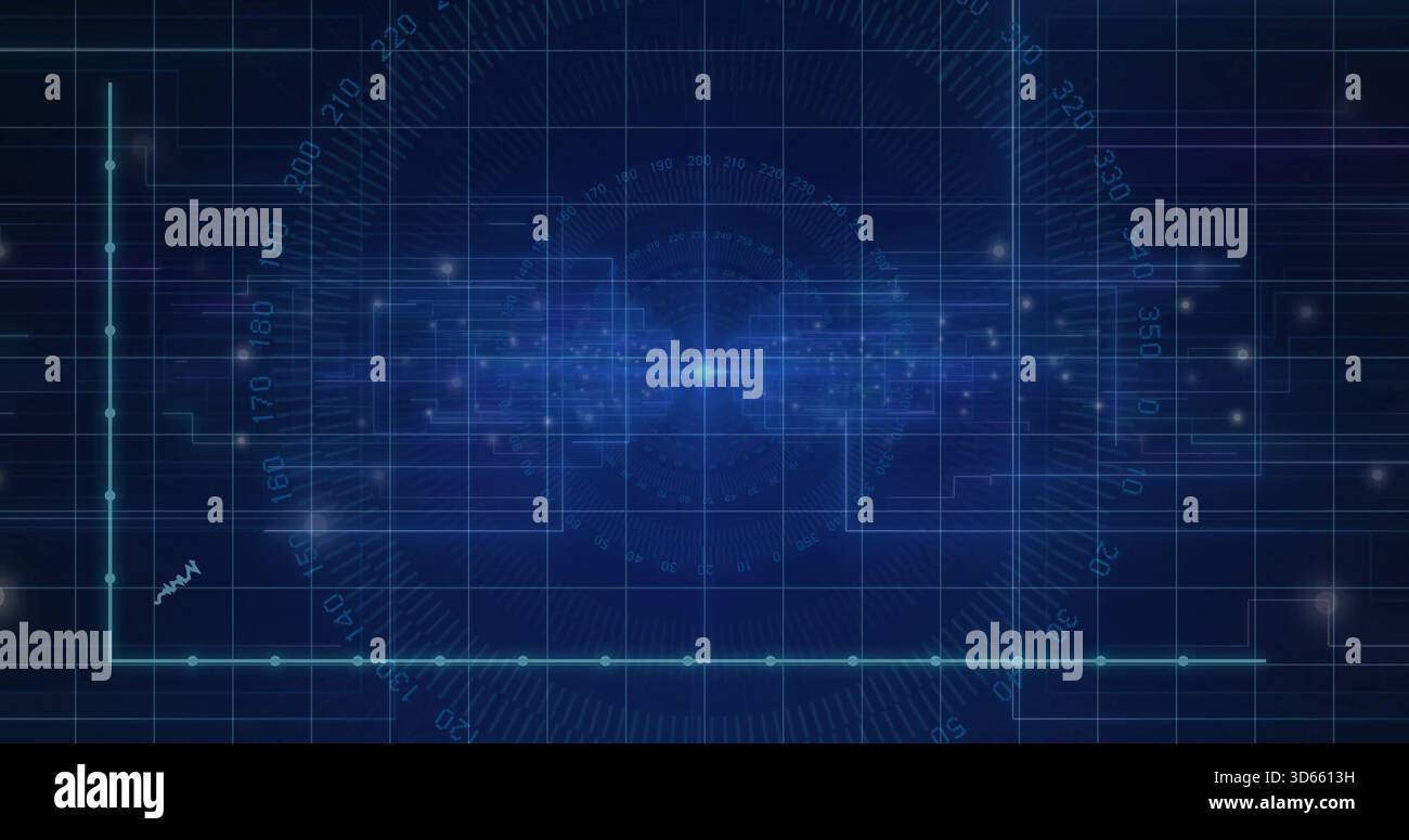 Displaying central data hub glowing within virtual interface, with protractor and turquoise nodes Stock Photo