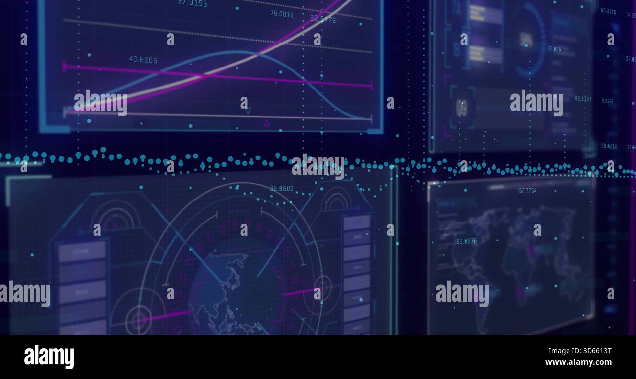 Displaying analytics dashboard panels glowing at command console, showing line charts and radar Stock Photo