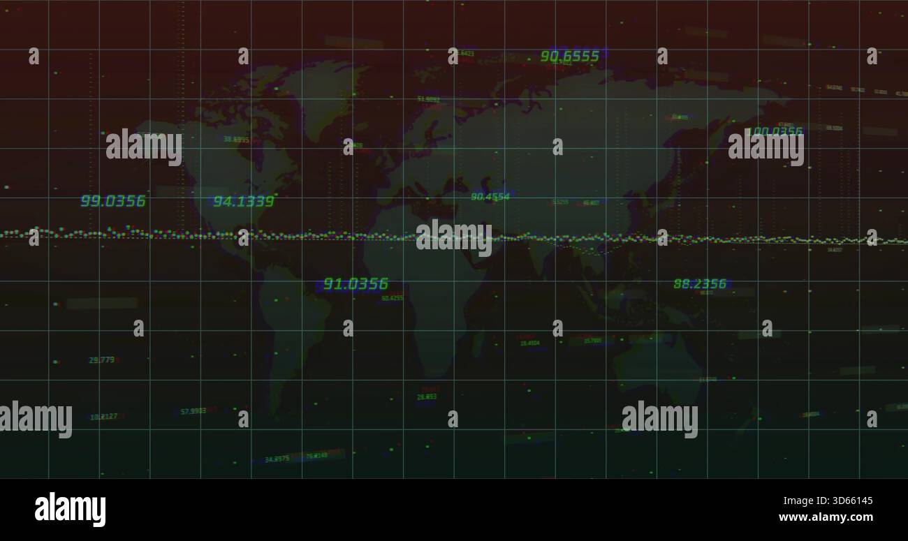 Displaying equirectangular map with gridlines and equatorial dotted data trace, glowing labels Stock Photo