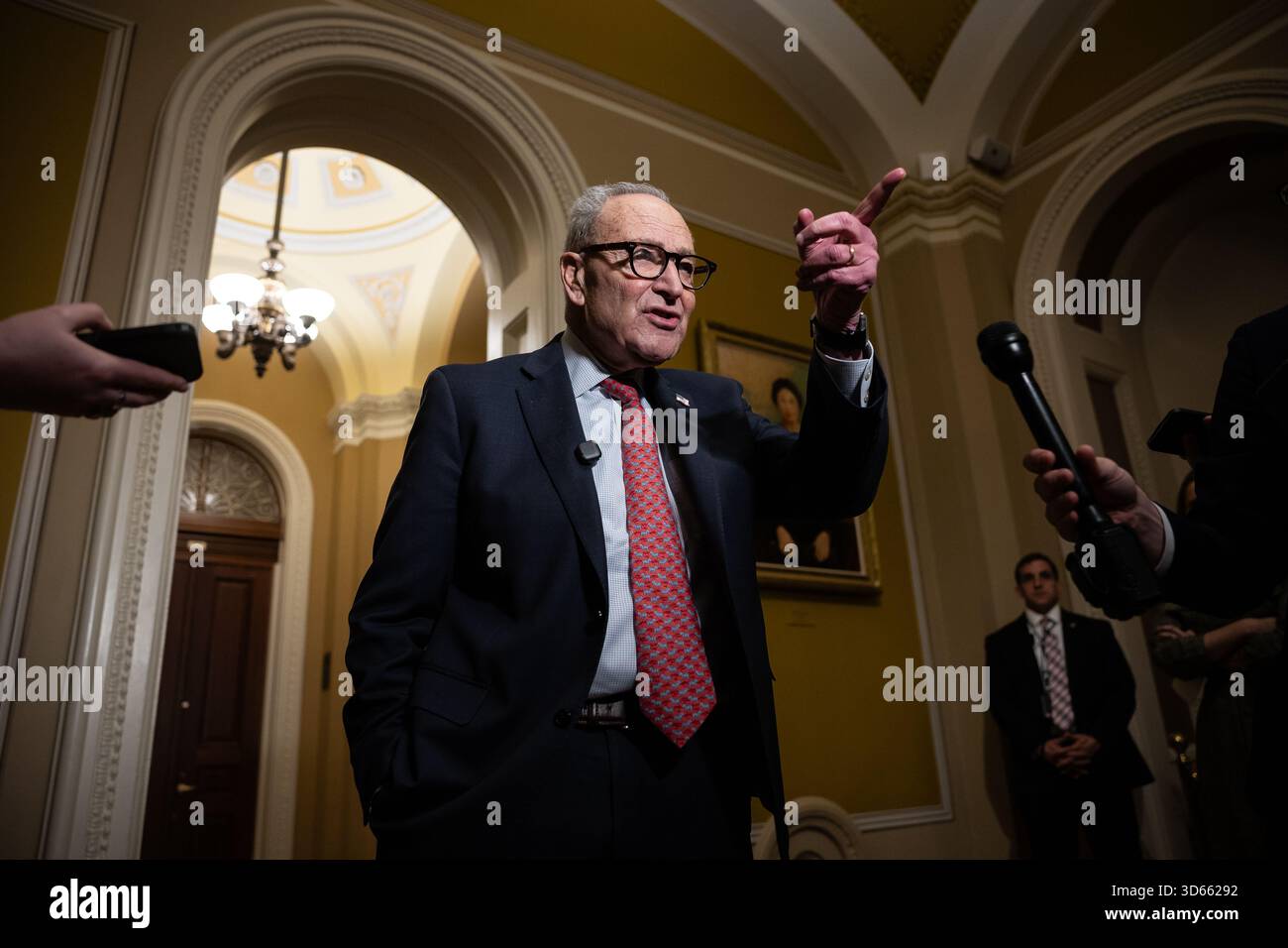 Senate Minority Leader Chuck Schumer (D-N.Y.) speaks with reporters at ...