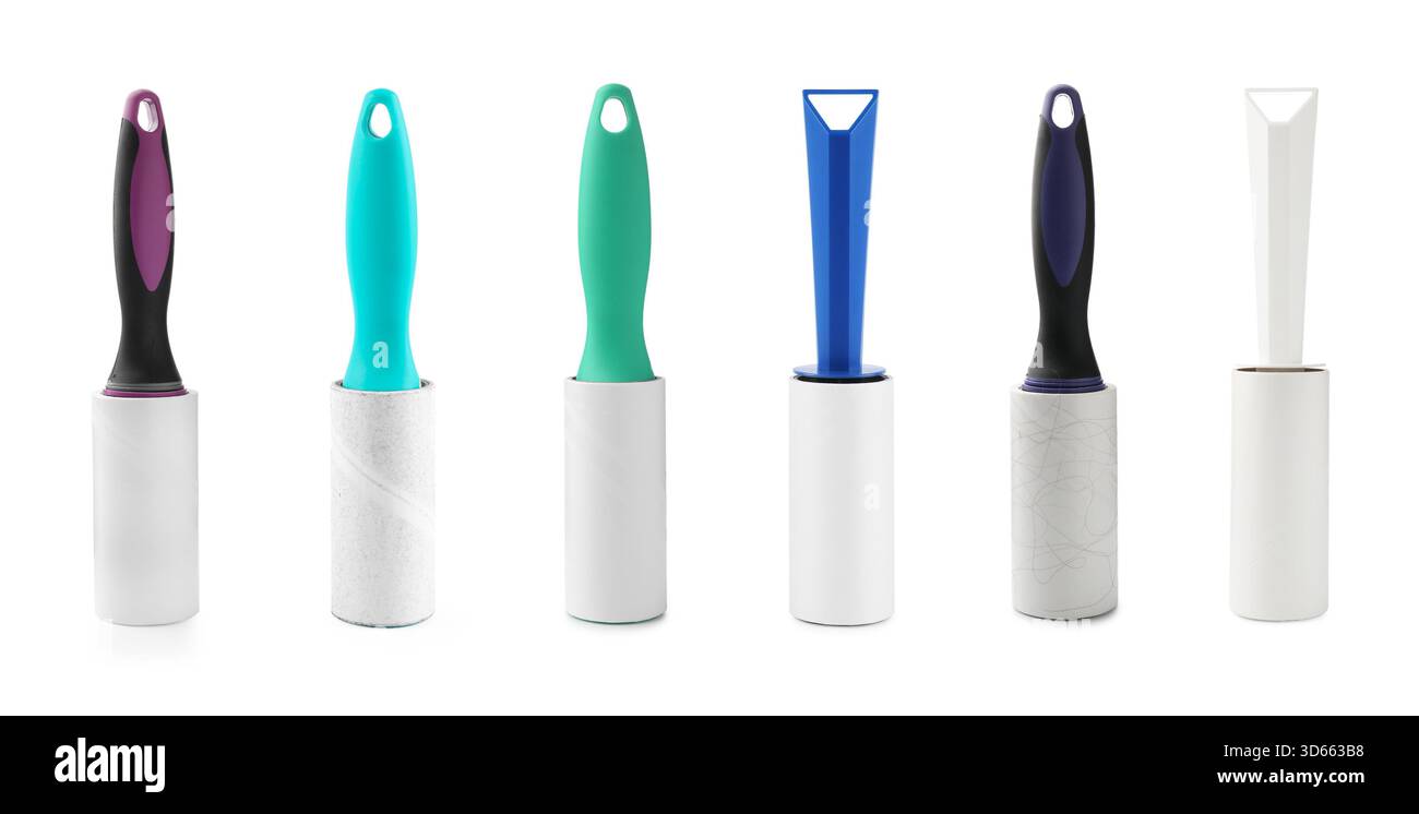 Lint rollers for cleaning clothes isolated on white, set Stock Photo