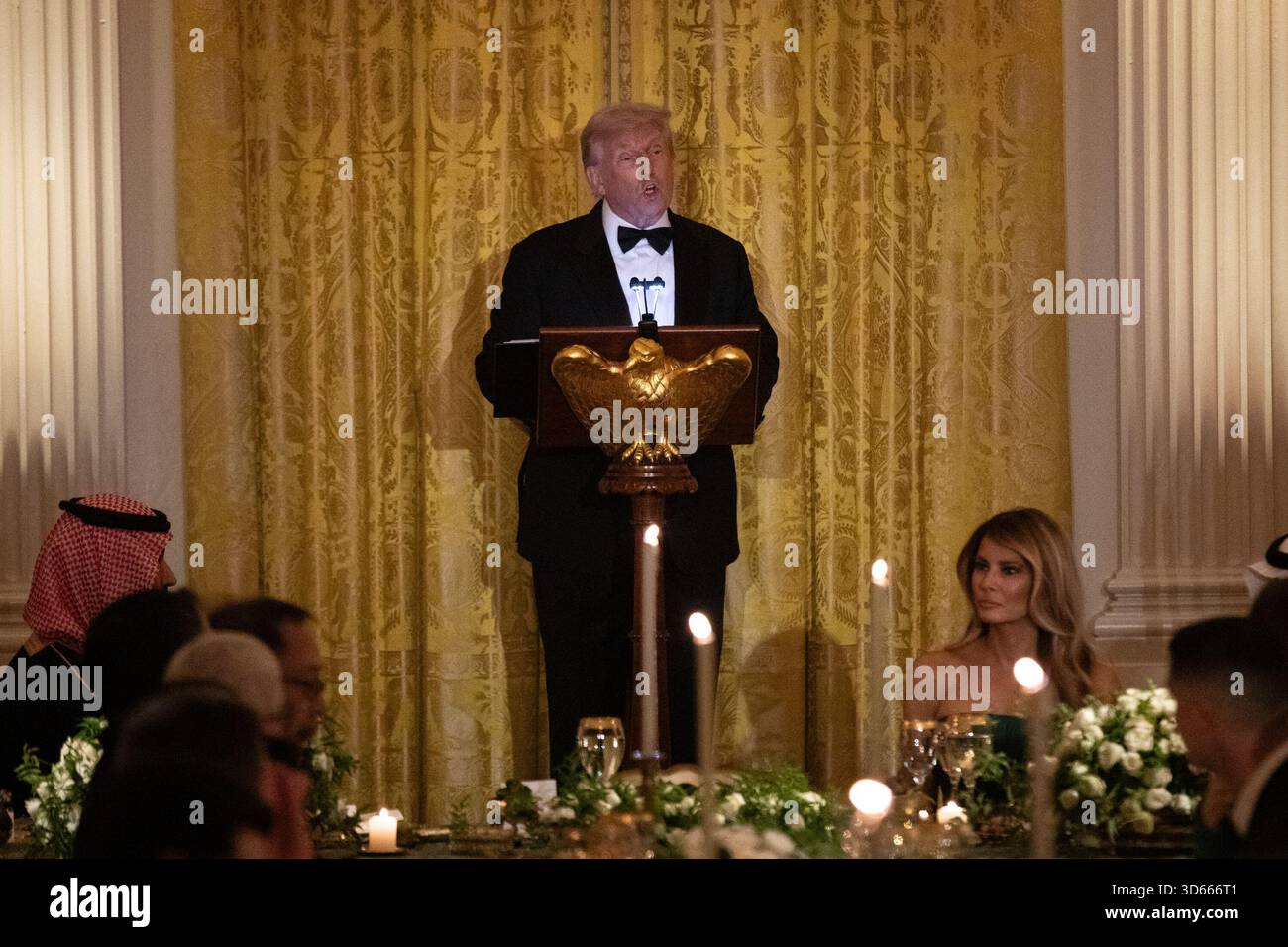 President Donald Trump delivers remarks at a dinner for Saudi Arabian ...
