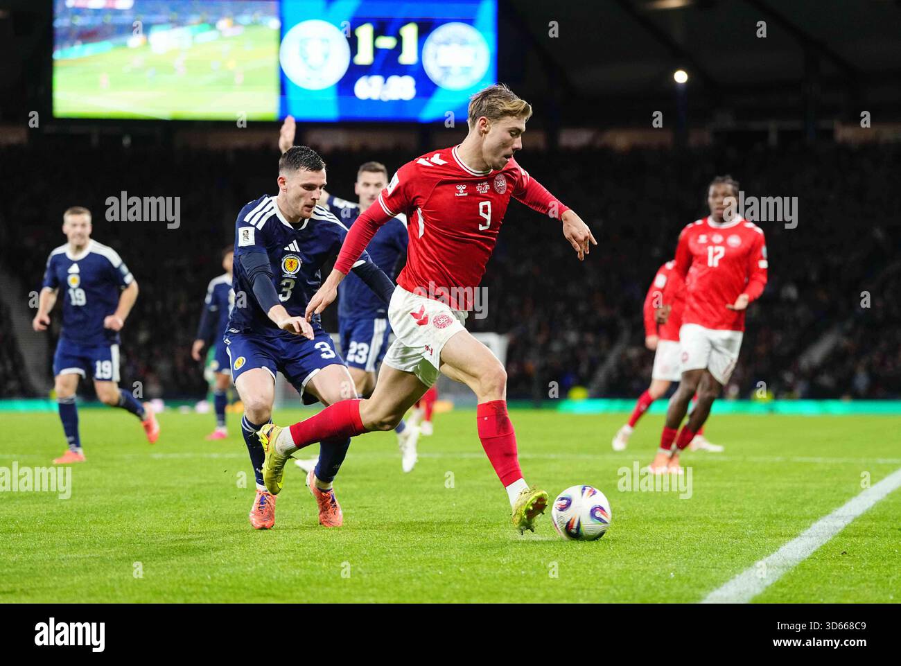November 18 2025: Rasmus Hoejlund of Denmark controls the ball during a ...